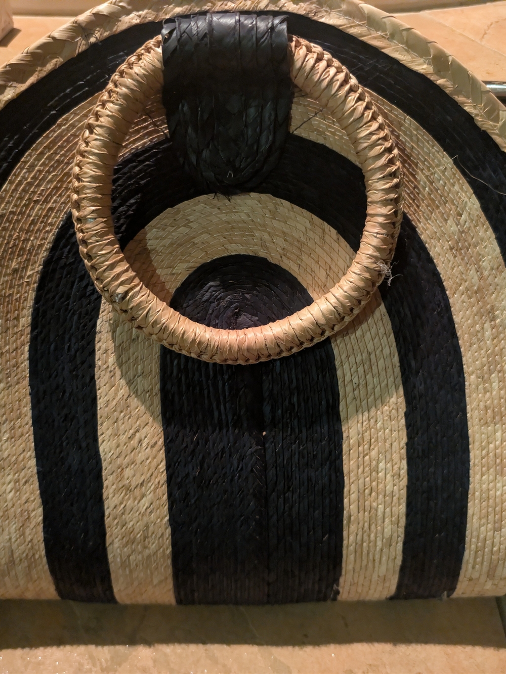 Striped Straw Tote Bag with Round Handles - Black & Natural